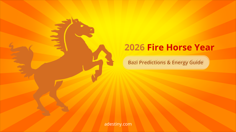 Landscape banner featuring a symbolic horse with a radiant sun motif representing 丙午 Fire Horse year energy. Designed for BaZi annual predictions, emphasizing momentum, visibility, timing, and elemental balance.